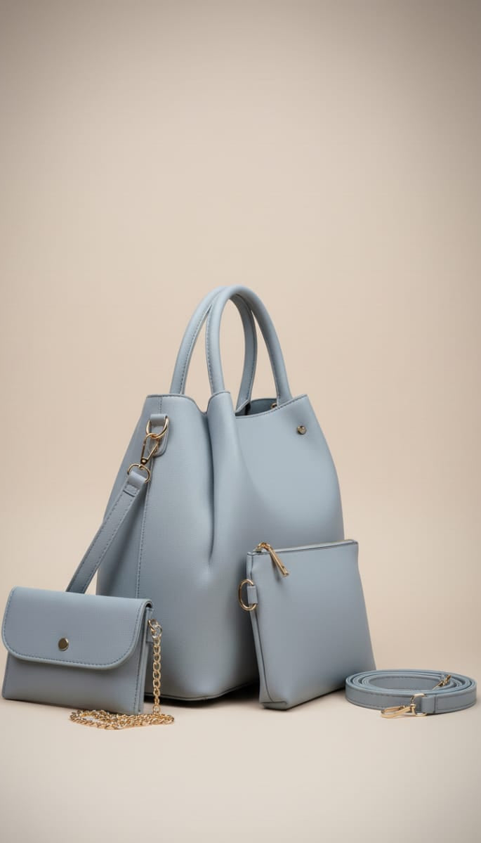 “Luxury 3-in-1 Powder Blue Handbag Set – Elegant, Spacious & Must-Have!”