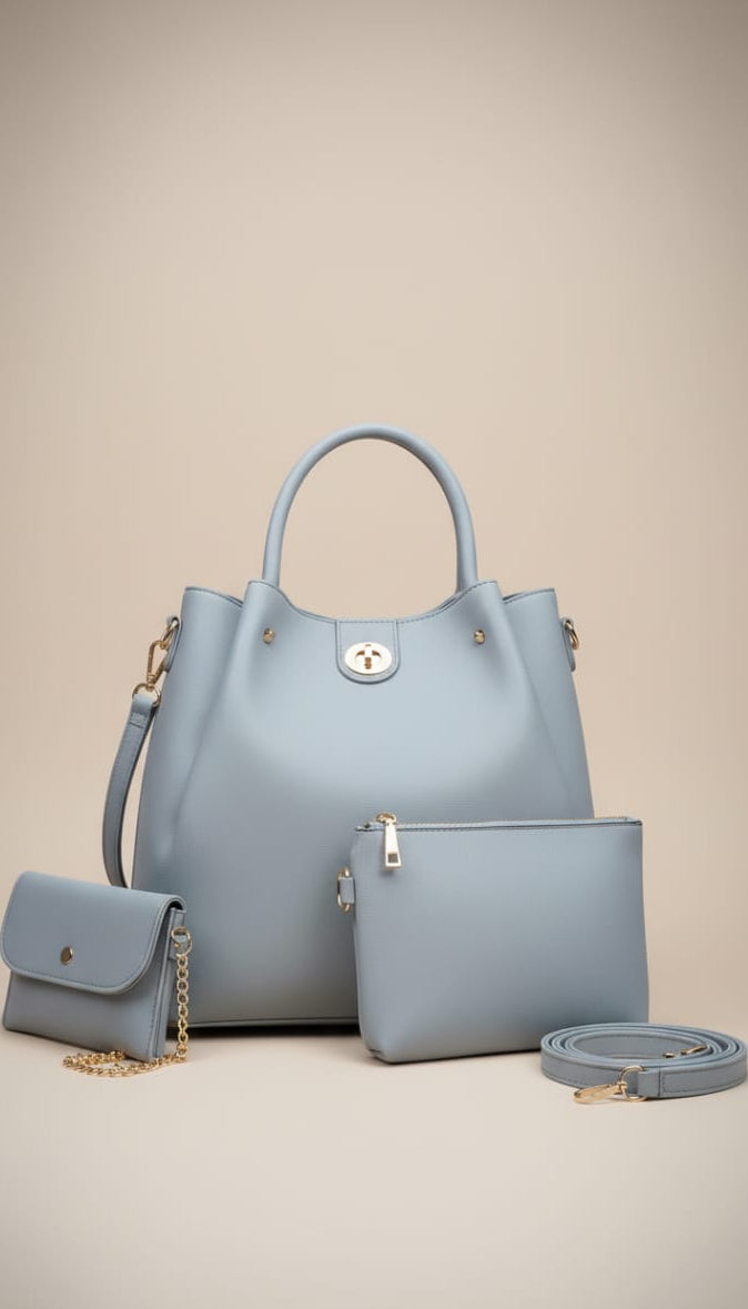 “Luxury 3-in-1 Powder Blue Handbag Set – Elegant, Spacious & Must-Have!”