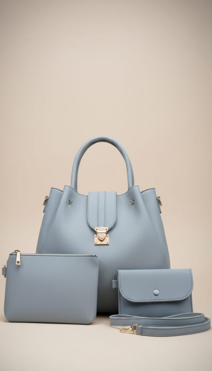 “Luxury 3-in-1 Powder Blue Handbag Set – Elegant, Spacious & Must-Have!”